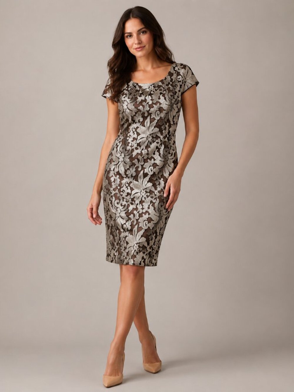Calvin Klein Black Taupe Embroidered Sheath Dress Size 6 Floral Mesh Overlay Coc